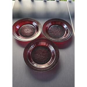 Arcoroc Red Glass Rimmed Soup Bowls Set Of 3 Round Vintage Retro France
